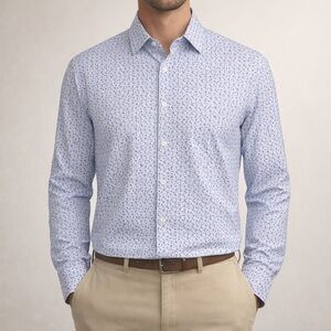 Bugatchi Uomo Shaped Fit Shirt Men’s Blue Floral Stretch Dress Button Down